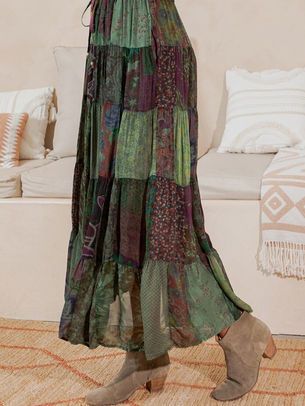 Rustic Boho Patchwork Maxi Skirt Plus - Picture 2 of 5